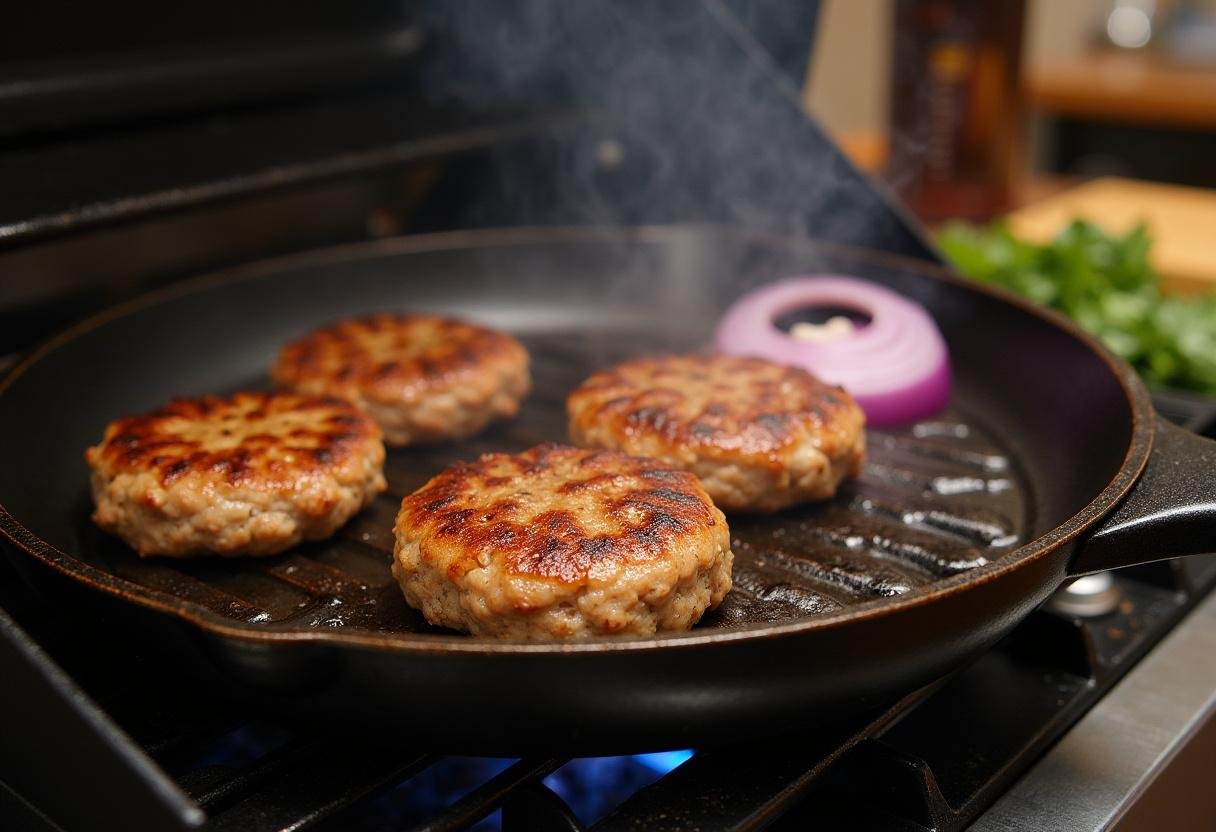 Cooking Paleo Turkey Burgers on a hot grill pan with essential grilling marks.