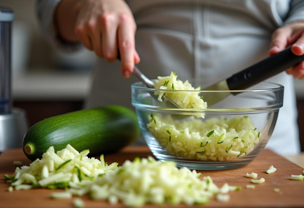 Grated zucchini prepared for Paleo Zucchini Bread recipe, showcasing fresh ingredients.