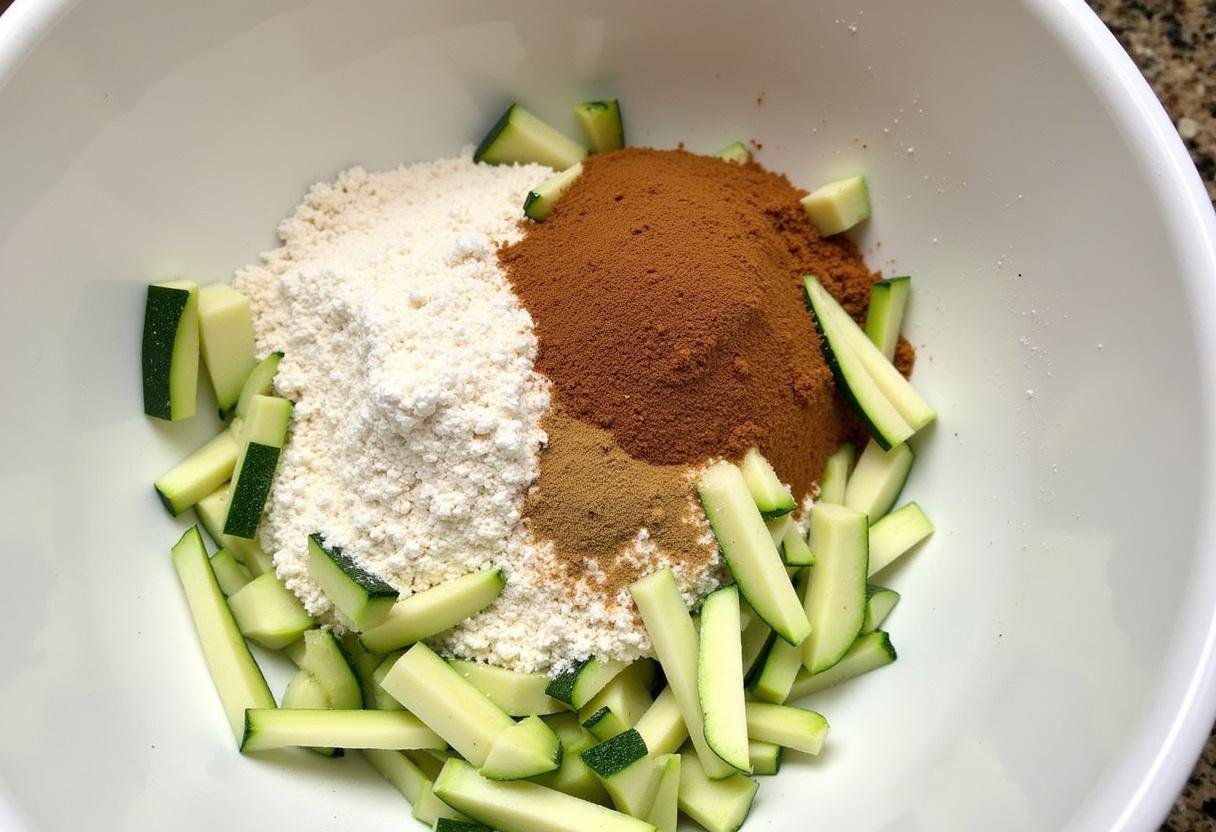 Dry ingredients like almond flour and baking soda for Paleo Zucchini Bread being mixed.