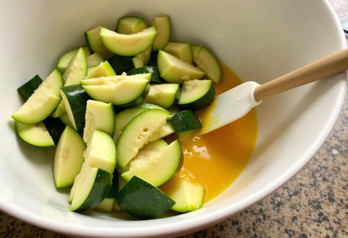 Wet and dry ingredients combined to make a batter for Paleo Zucchini Bread recipe.