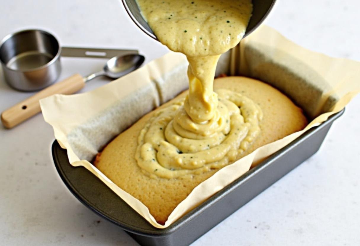Zucchini bread batter poured into a loaf pan, ready for baking in the Paleo Zucchini Bread recipe.