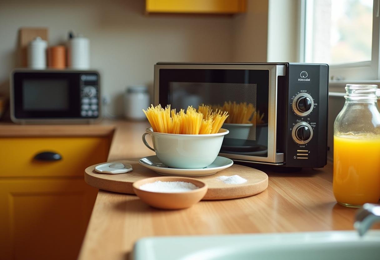 ingredients for pasta cooked in a microwave cooker, showing pasta, water, and a pasta microwave cooker in a bright kitchen setting.
