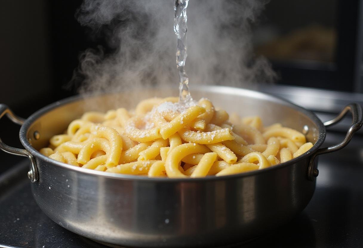 pouring water into a pasta microwave cooker to achieve perfect pasta every time, emphasizing the convenience of a pasta cooker.