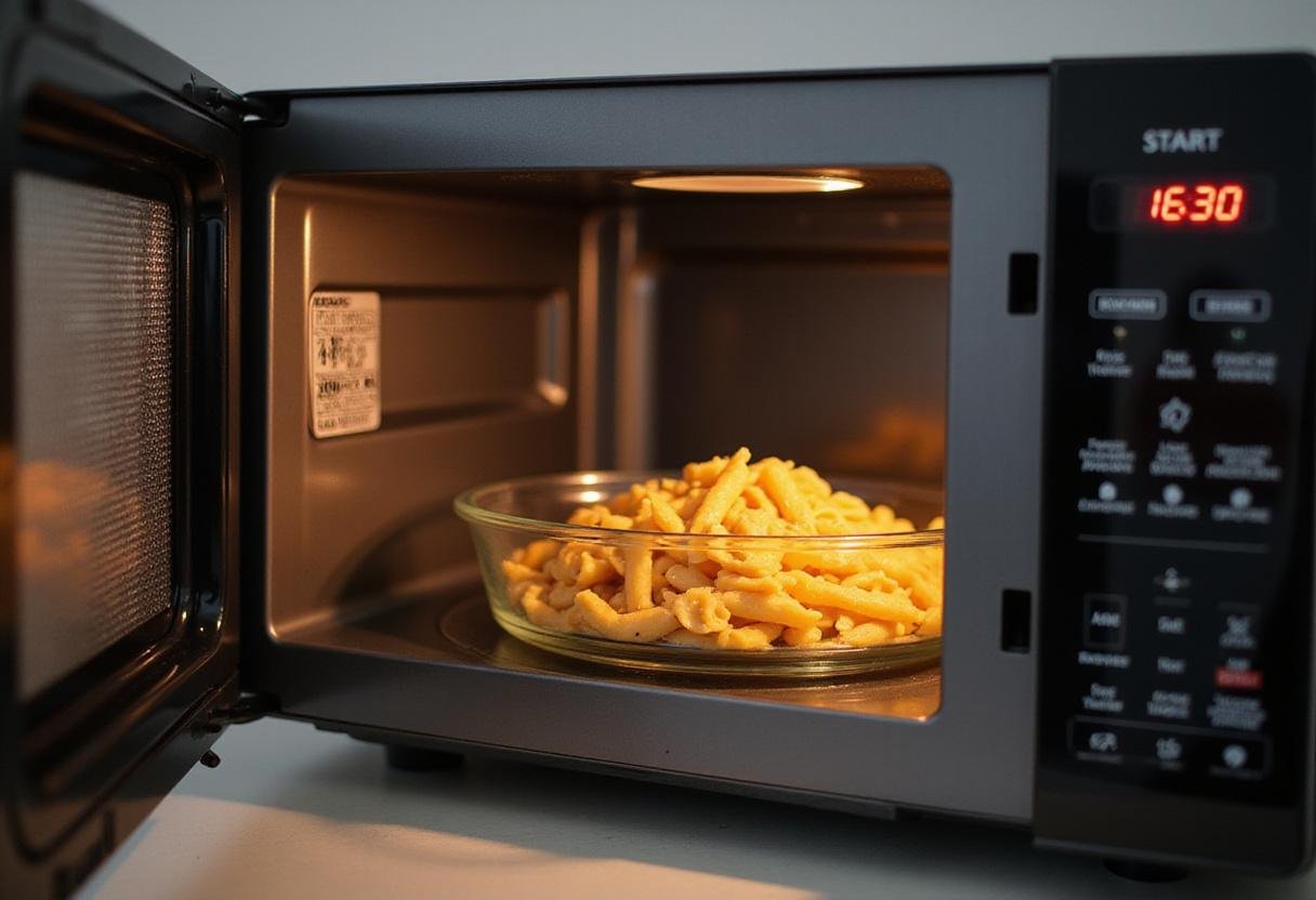 pasta cooking in a microwave cooker, showcasing its ease of use and the modernity of a kitchen setup.