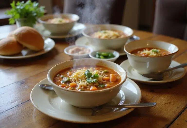 Delicious Paula Deen taco soup served in bowls, with garnishes, providing a vibrant and appetizing family meal setup.