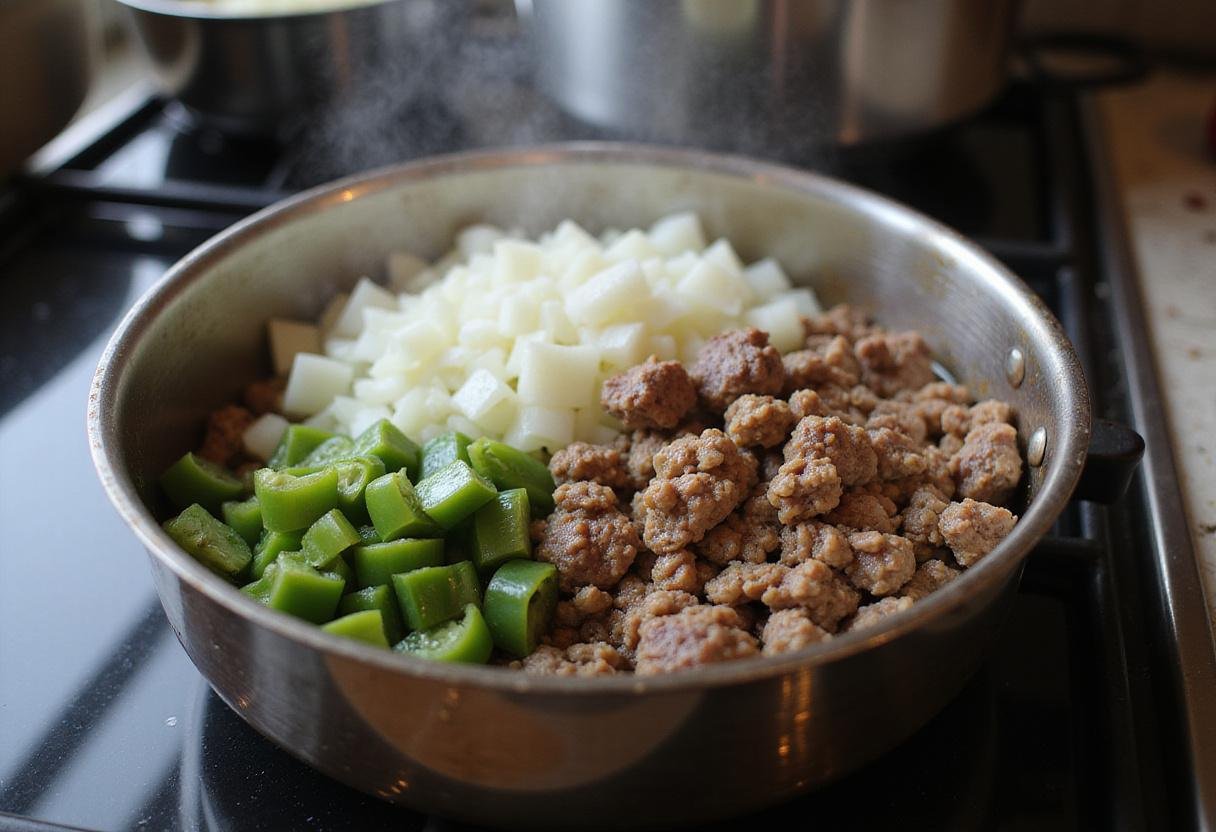 Sautéing onions and green bell peppers with ground beef in a pot for Paula Deen's taco soup, creating a flavorful base.