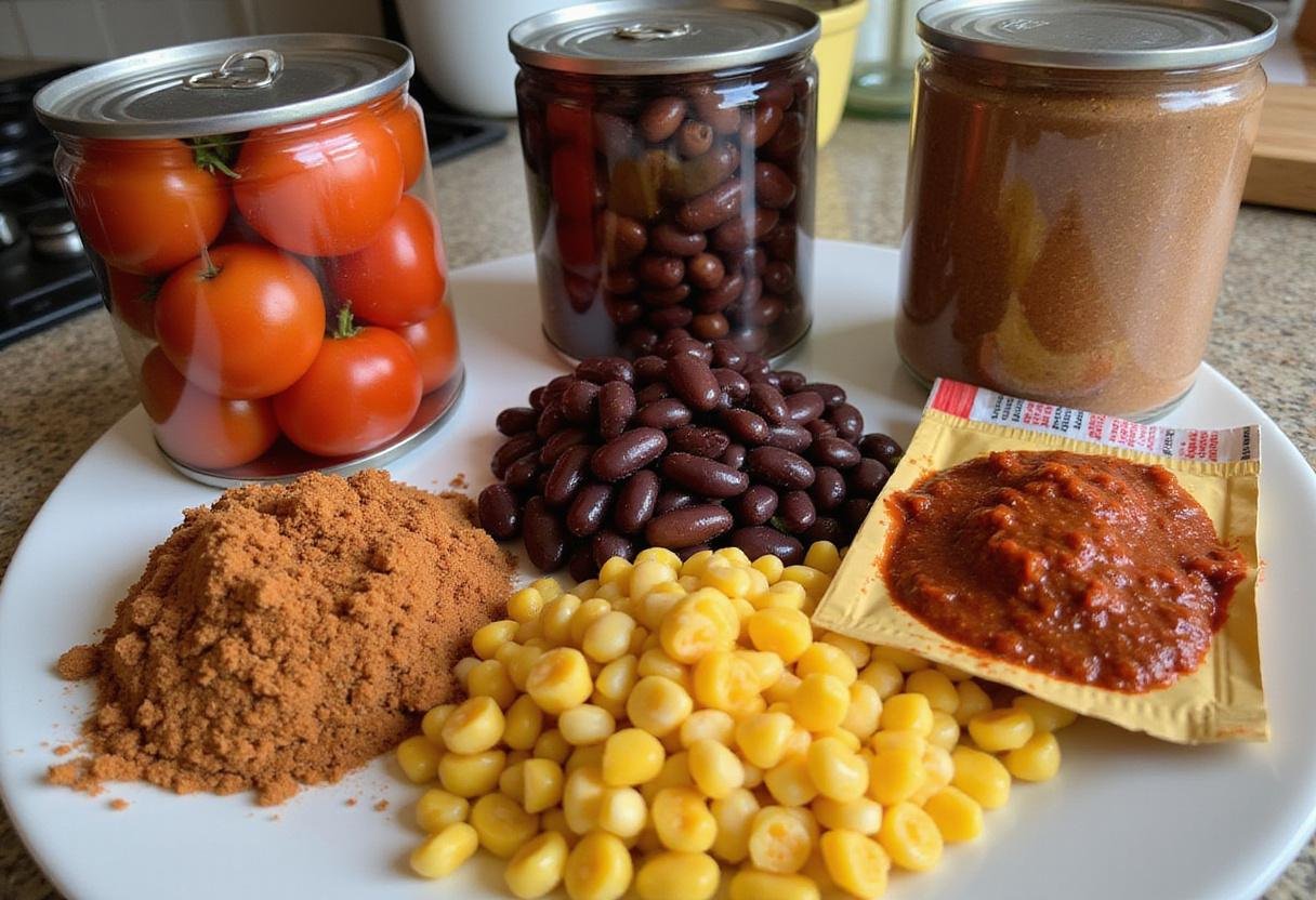Preparing ingredients like canned tomatoes, kidney beans, and taco seasoning for Paula Deen's taco soup, ensuring a rich and comforting flavor.