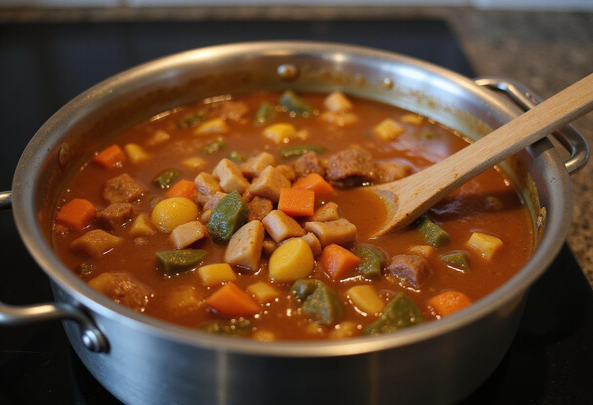 Simmering taco soup in a pot on the stove, showcasing the vibrant colors and texture of Paula Deen's delicious recipe.