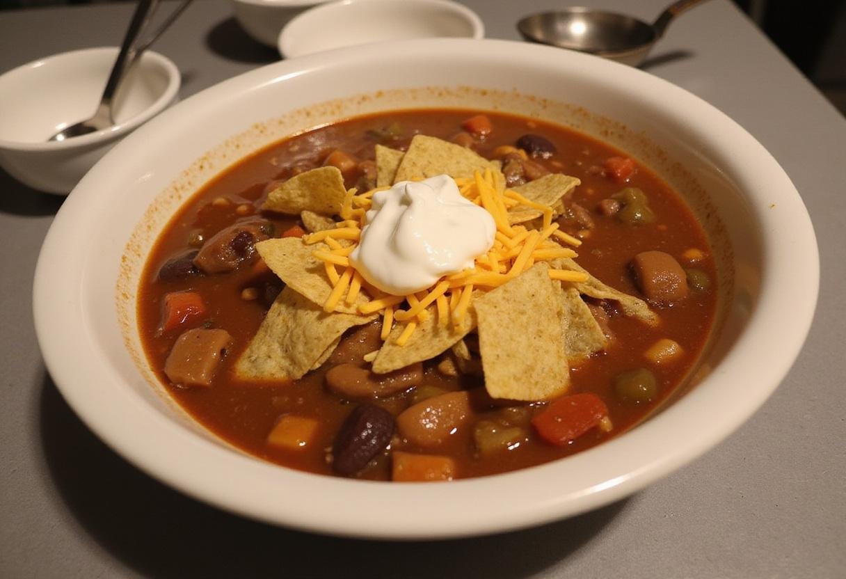 Serving Paula Deen's taco soup in a bowl, topped with sour cream, cheddar cheese, and tortilla chips for a wholesome meal.