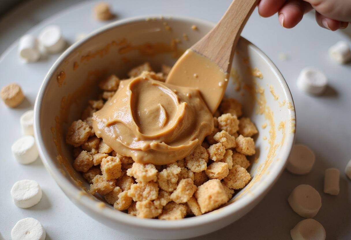 Mixing peanut butter and rice cereal for a gooey texture, an essential step in creating delightful peanut butter rice krispie balls.