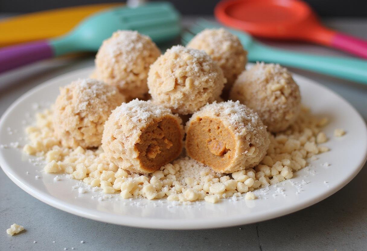 Rolling peanut butter rice krispie balls in shredded coconut for added flavor and texture, a fun step in the preparation process.