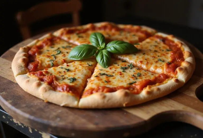 Final presentation of Penndel pizza with bubbling cheese and fresh basil on a rustic wooden board.