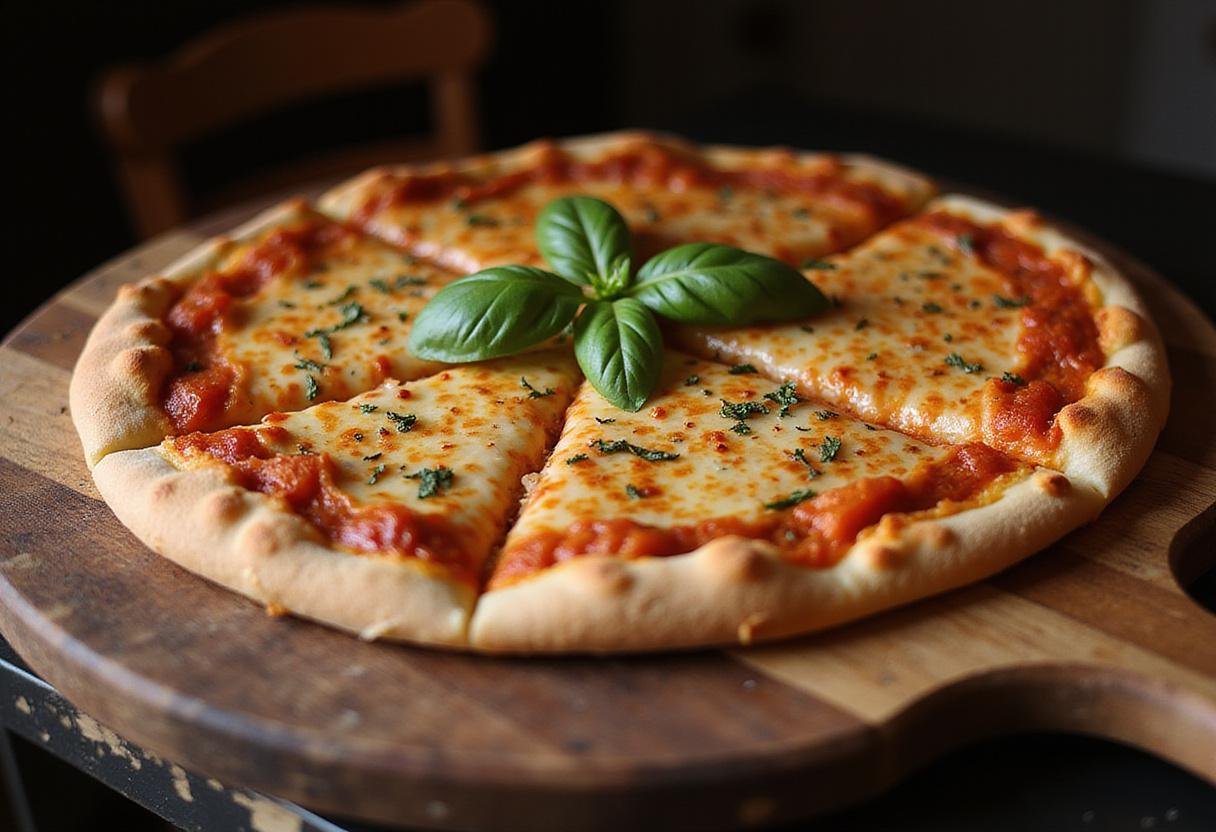 Final presentation of Penndel pizza with bubbling cheese and fresh basil on a rustic wooden board.