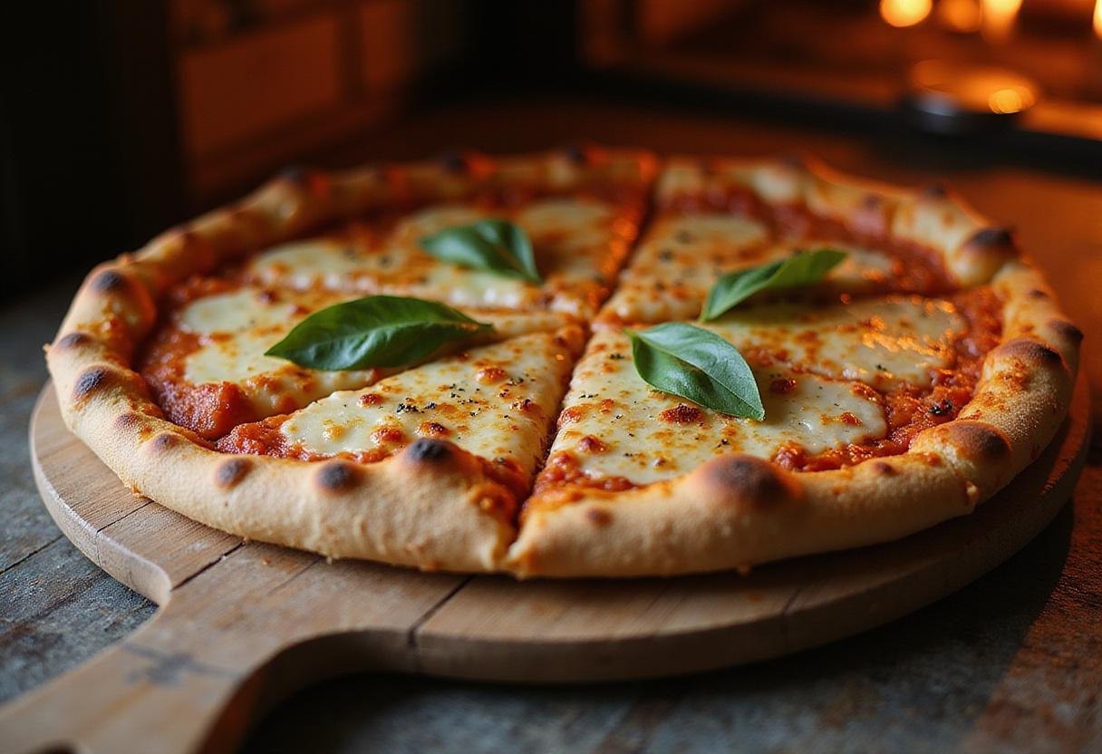 Final presentation of Penndel pizza with bubbling cheese and fresh basil on a rustic wooden board.