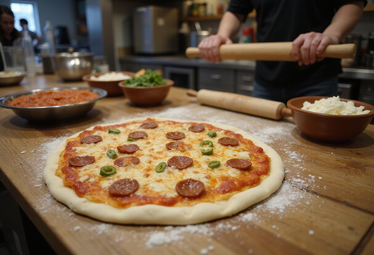 Freshly rolled pizza dough on a wooden countertop with toppings for Penndel pizza including pepperoni and green peppers.