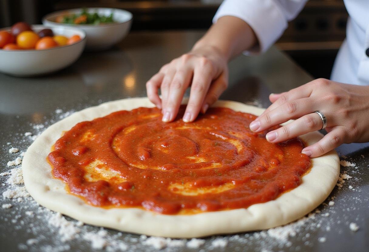 A chef preparing Penndel pizza by spreading delicious tomato sauce on dough with fresh vegetables around.