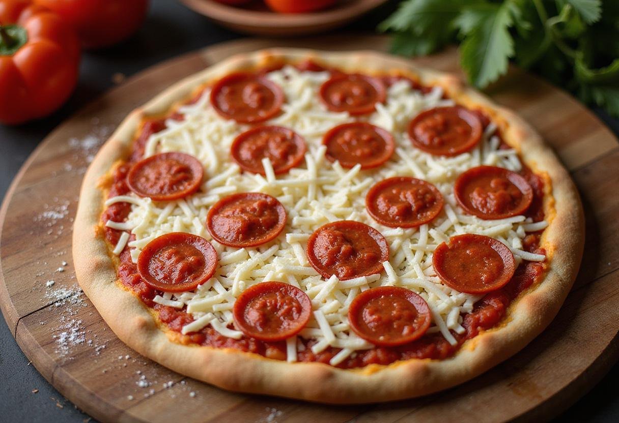 Delicious toppings of pepperoni and mozzarella cheese being added on Penndel pizza for a perfect finish.