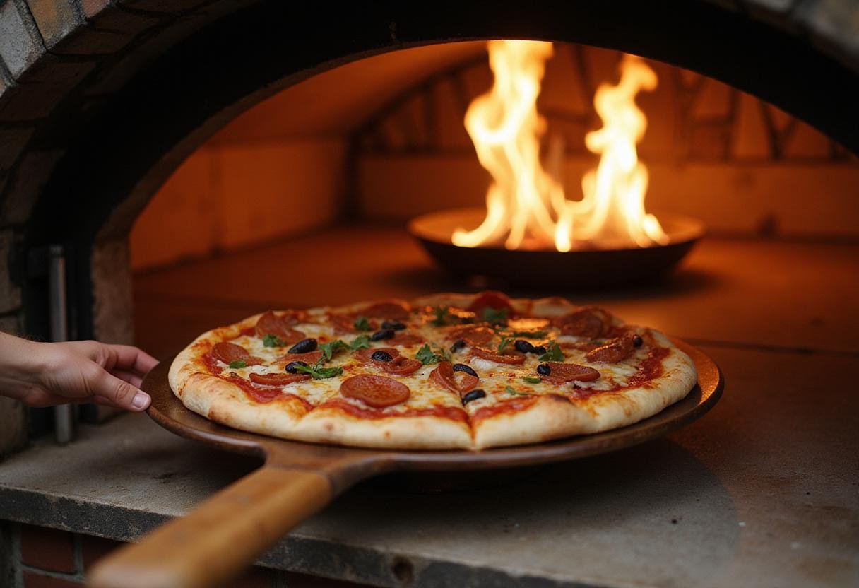 Chef baking Penndel pizza in a wood-fired oven for an authentic taste experience.