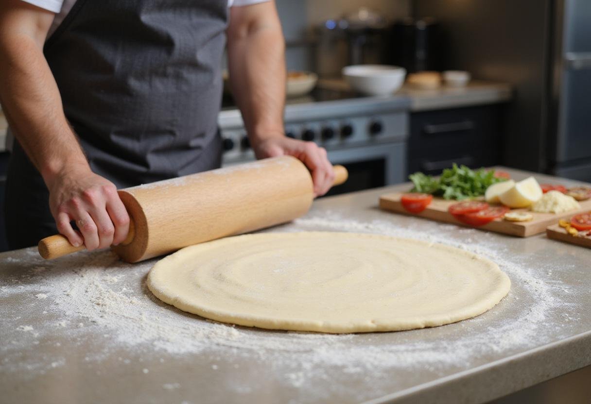 Making pepperoni pizza dough for National Pepperoni Pizza Day 2024 deals, a chef preparing the base for a delicious pizza.