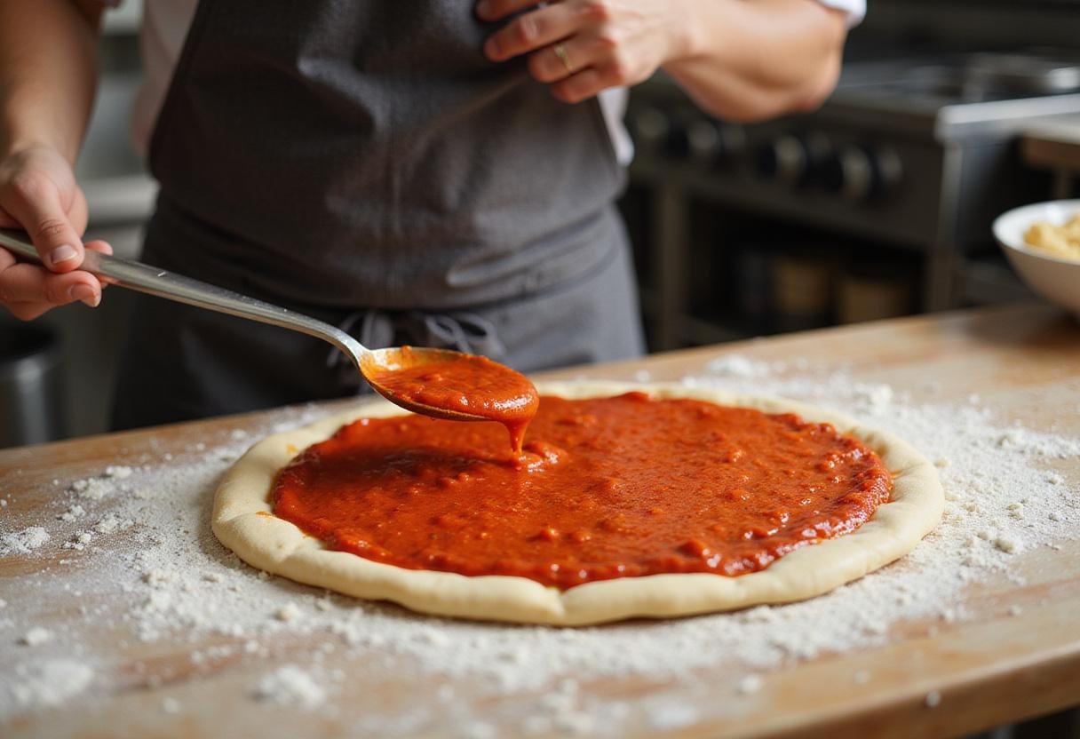 Spreading tomato sauce on pepperoni pizza dough for National Pepperoni Pizza Day 2024 deals, ensuring a flavorful base.