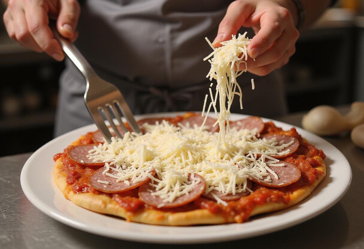Adding mozzarella cheese and pepperoni to the pizza for National Pepperoni Pizza Day 2024 deals, making it extra cheesy and delicious.