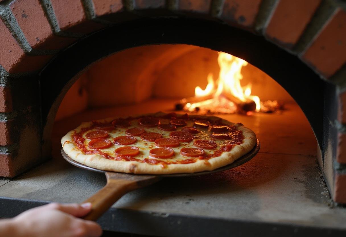 Baking a delicious pepperoni pizza in a brick oven for National Pepperoni Pizza Day 2024 deals, showcasing the cooking process.