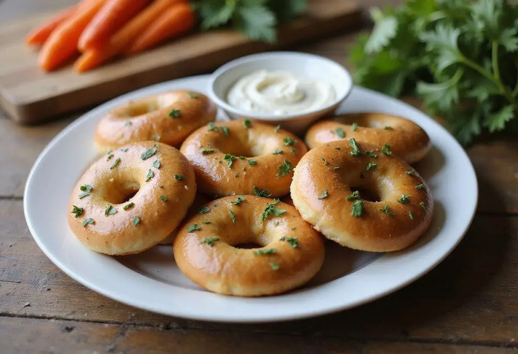 Delicious golden-brown gluten-free bagels arranged on a plate, perfect for enjoying with cream cheese and fresh vegetables, ideal gluten-free breakfast or snack.