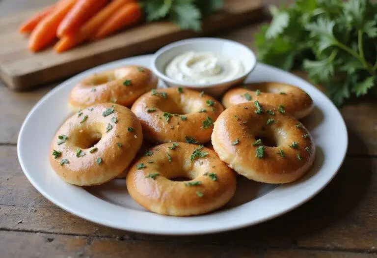 Delicious golden-brown gluten-free bagels arranged on a plate, perfect for enjoying with cream cheese and fresh vegetables, ideal gluten-free breakfast or snack.