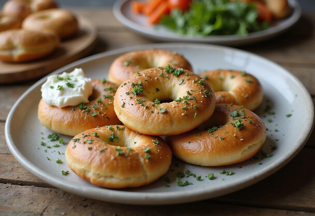Delicious golden-brown gluten-free bagels arranged on a plate, perfect for enjoying with cream cheese and fresh vegetables, ideal gluten-free breakfast or snack.
