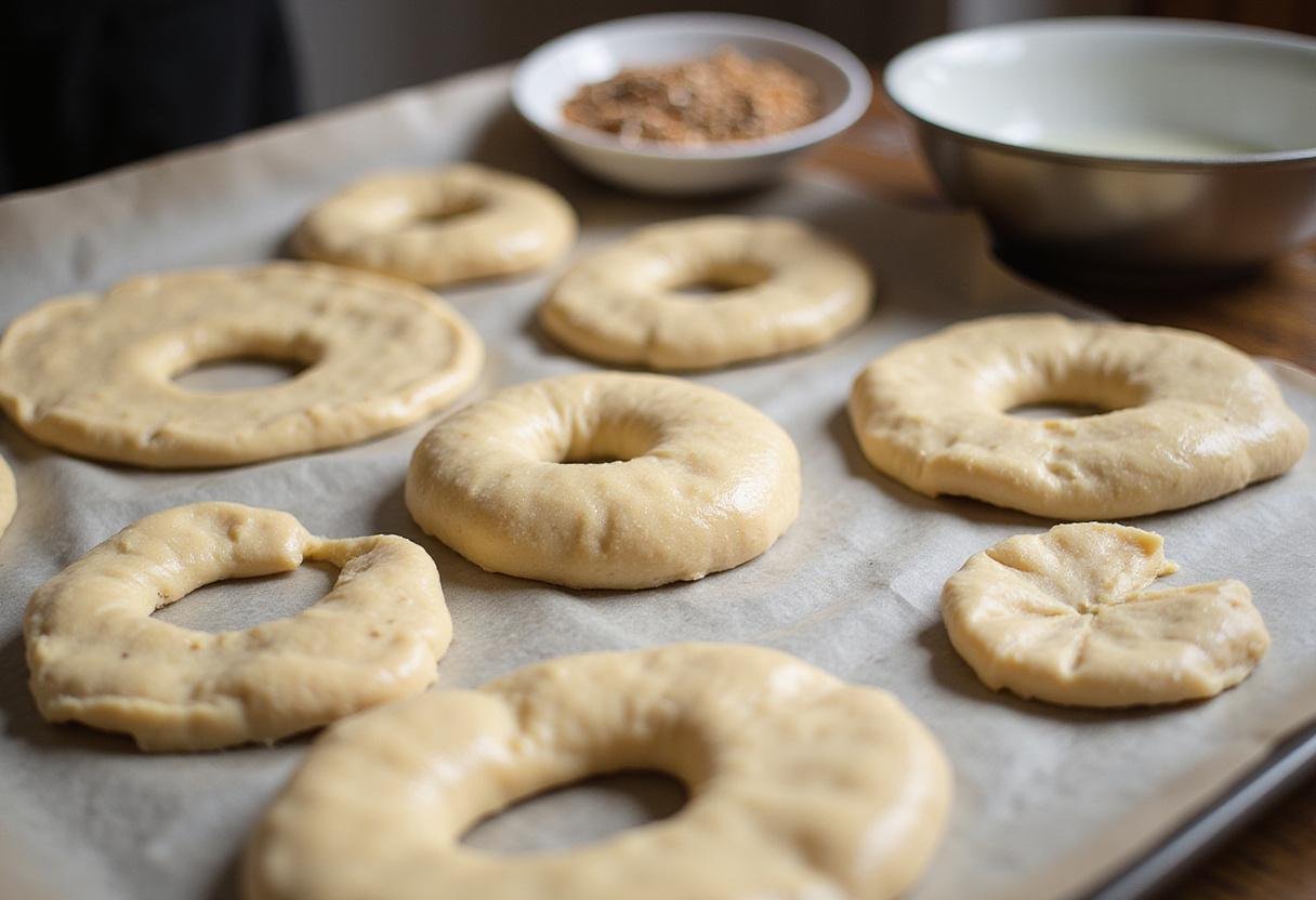 Shaping gluten-free bagel dough into rings on a baking sheet, surrounded by delicious toppings like sesame seeds, ready for the next step.