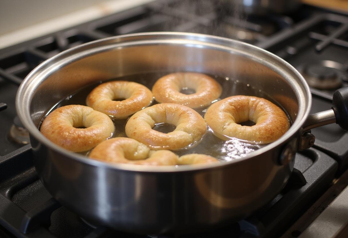 Boiling gluten-free bagels in water on the stove, showcasing the essential cooking step for achieving the perfect gluten-free bagel texture.