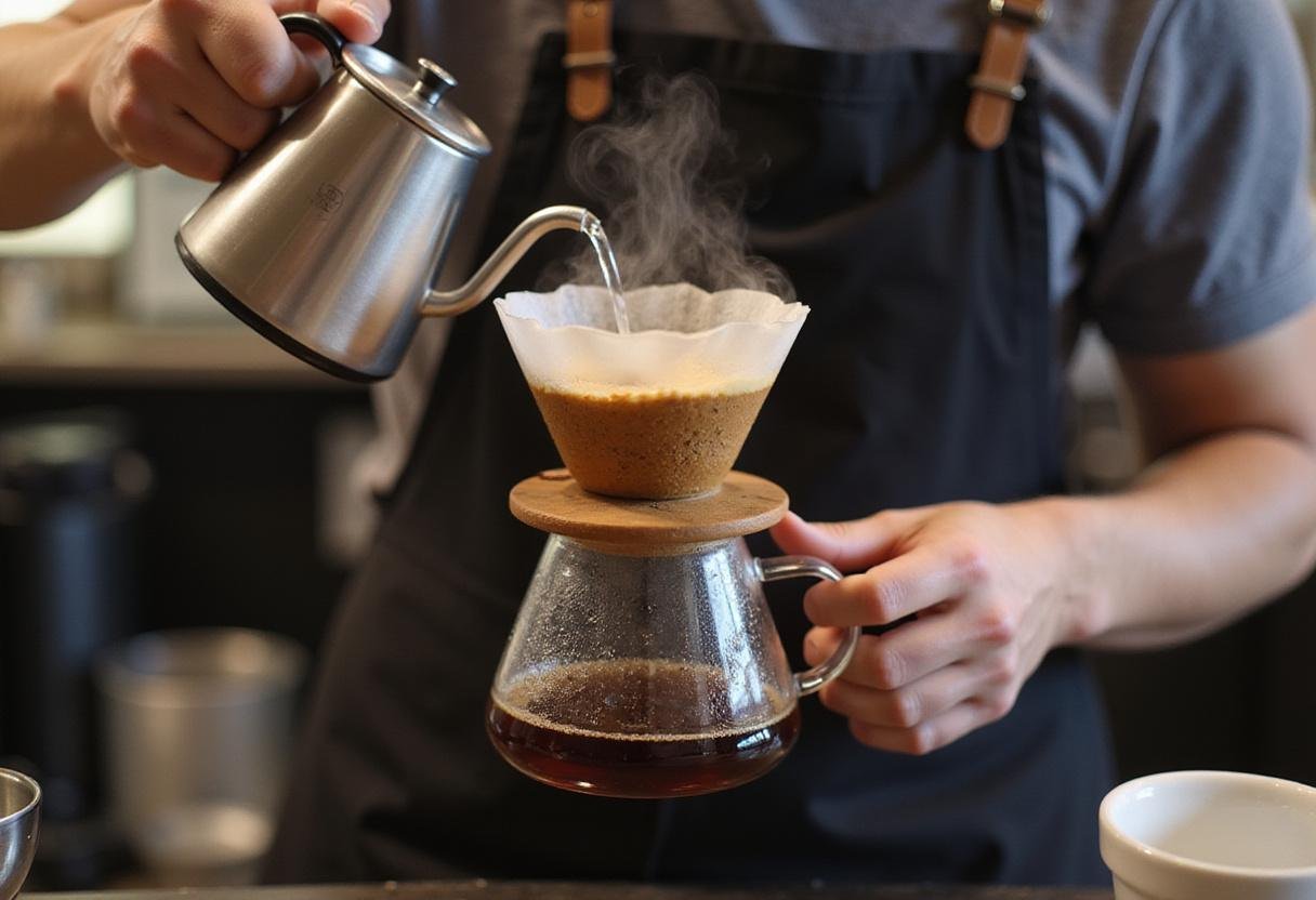 Pour-over coffee brewing process at Philz's, capturing the aromatic essence of coffee, a key element of the philz coffee franchise.