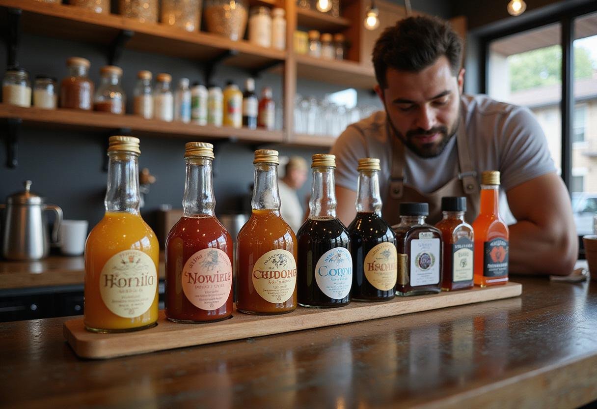 Variety of syrups and flavorings for Philz's aromatic coffee, illustrating the customization options available at the philz coffee franchise.