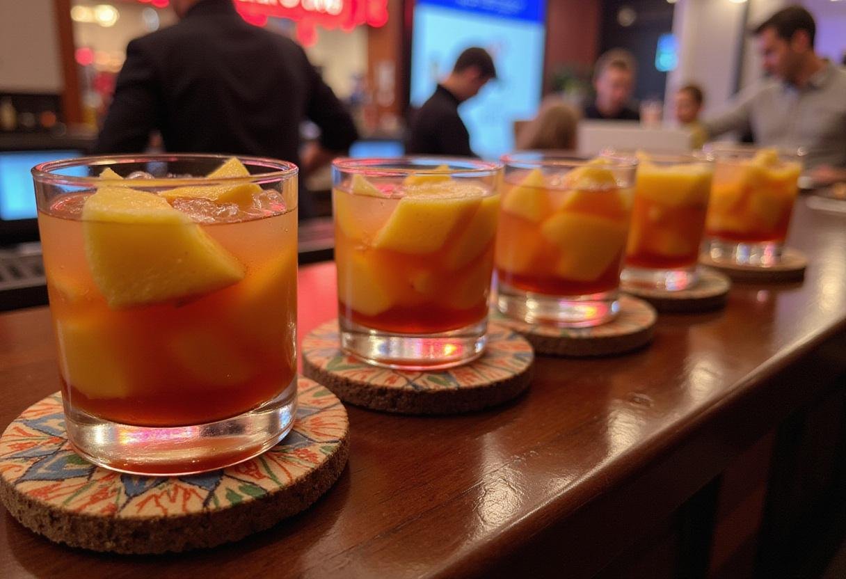 An enticing display of pineapple upside down cake shots ready to be served, featuring vibrant colors and garnishes on a bar.