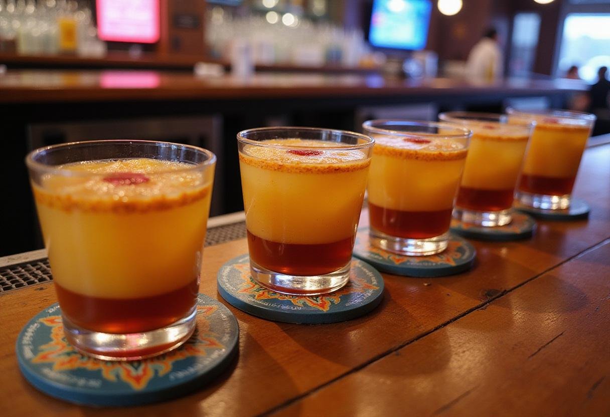 An enticing display of pineapple upside down cake shots ready to be served, featuring vibrant colors and garnishes on a bar.