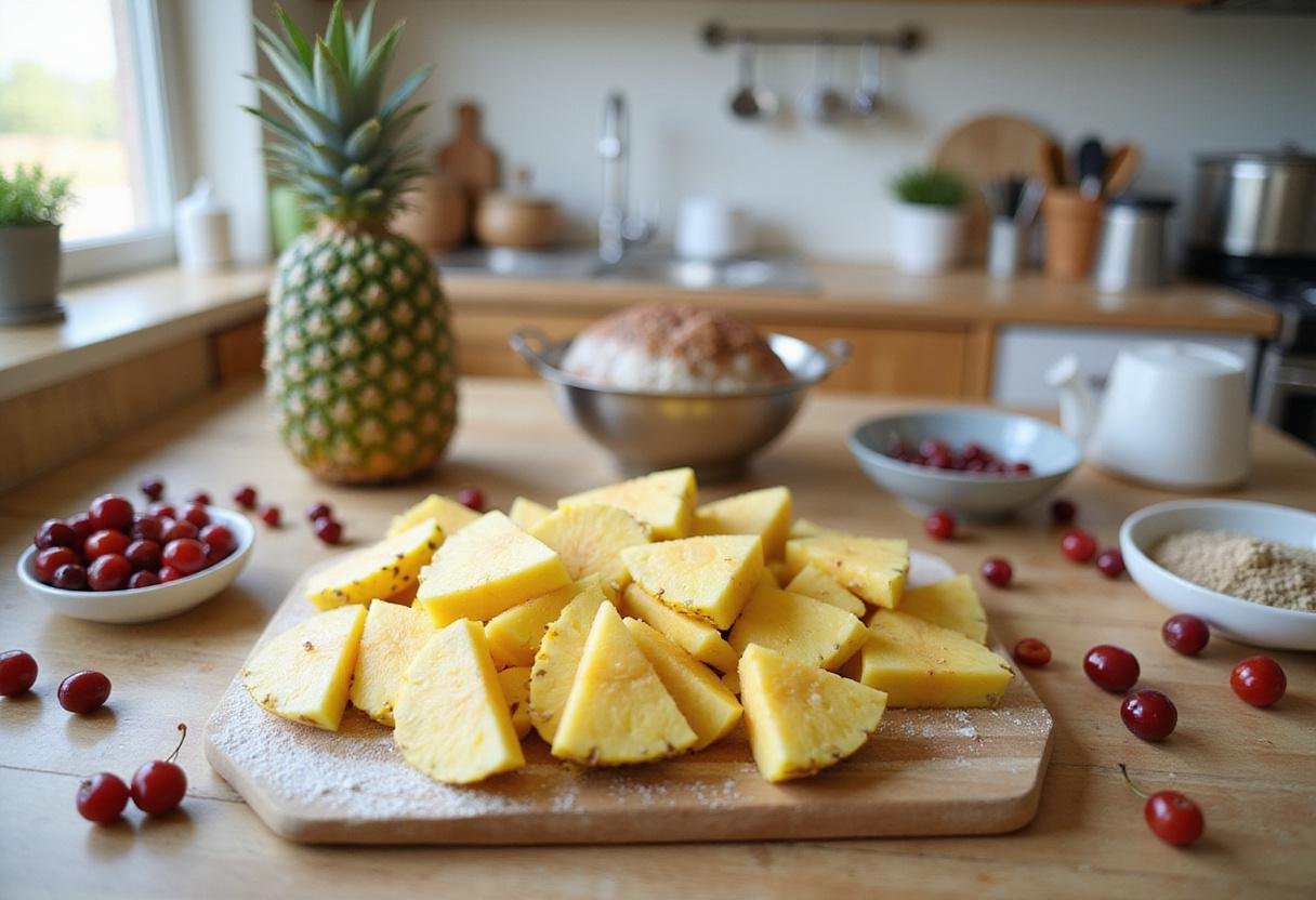 Fresh ingredients for a pineapple upside down cake shot including pineapple slices and cherries on a kitchen counter.
