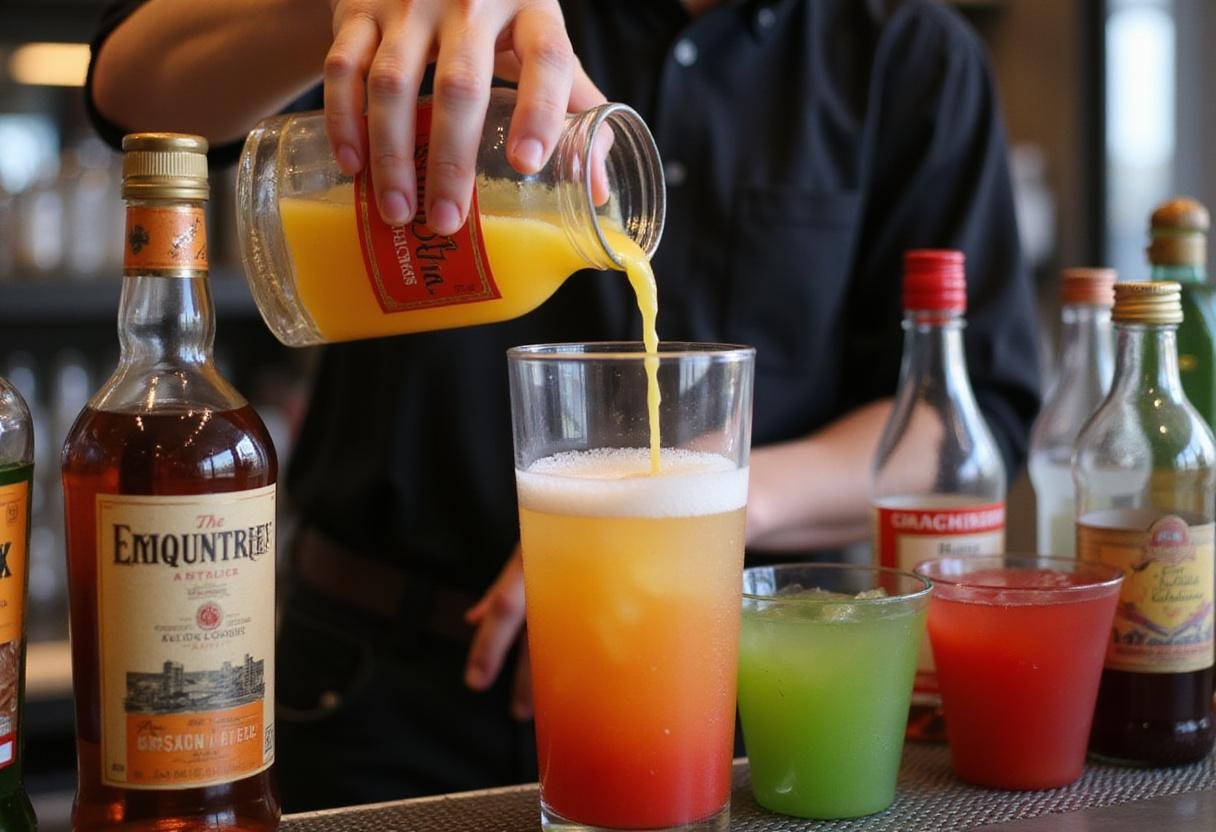 A bartender mixing ingredients for a pineapple upside down shot with grenadine and pineapple juice in a shaker.