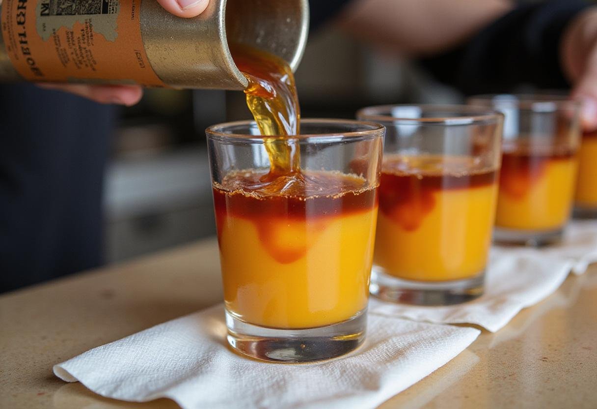 A close-up of a pineapple upside down shot being layered in a glass, showcasing the beautiful colors of the drink.