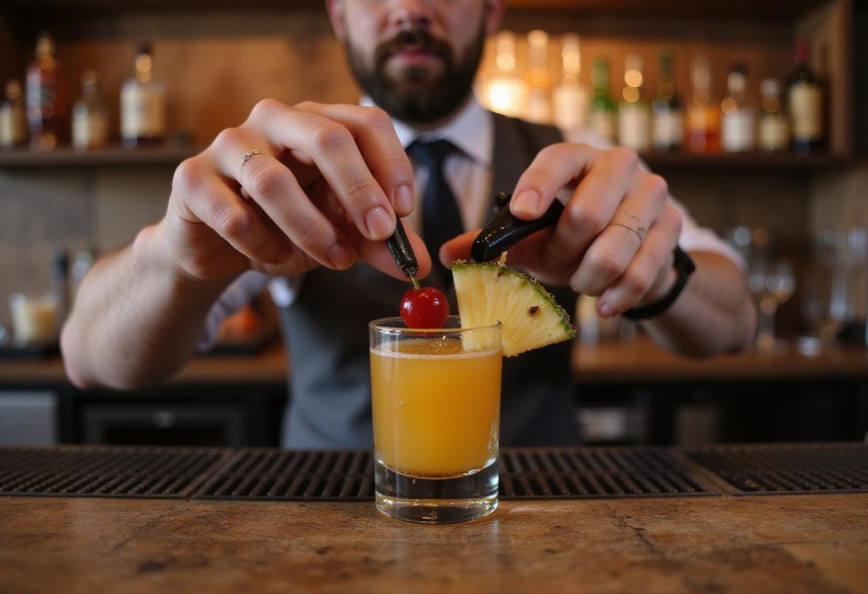 A bartender adds a cherry and pineapple slice garnish to a freshly made pineapple upside down shot.