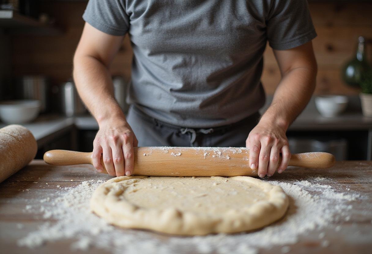 Making Pizza Jerk's Best: Chef preparing pizza dough on a floured countertop, rolling pin in hand, ingredients ready for a delicious homemade pizza.