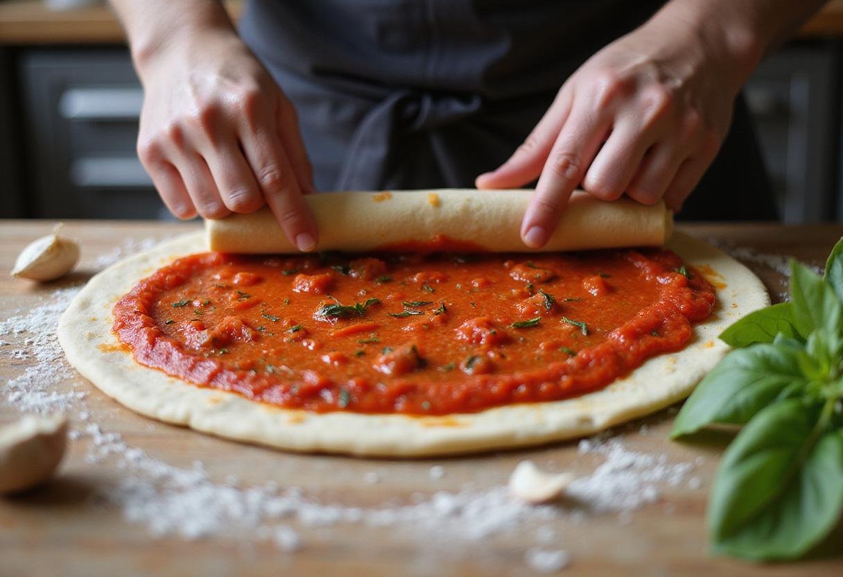 Building Pizza Jerk's Best: Chef applying tangy tomato sauce on pizza dough, surrounded by fresh ingredients like basil and garlic for a flavorful touch.
