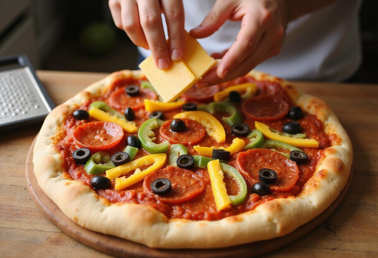Topping Pizza Jerk's Best: Chef creatively arranging vibrant toppings on the pizza, showcasing pepperoni, bell peppers, and olives for an irresistible flavor.