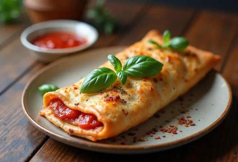 Final presentation of pizza turnovers with fresh basil and marinara sauce, perfect for pizza turnovers crossword clue.