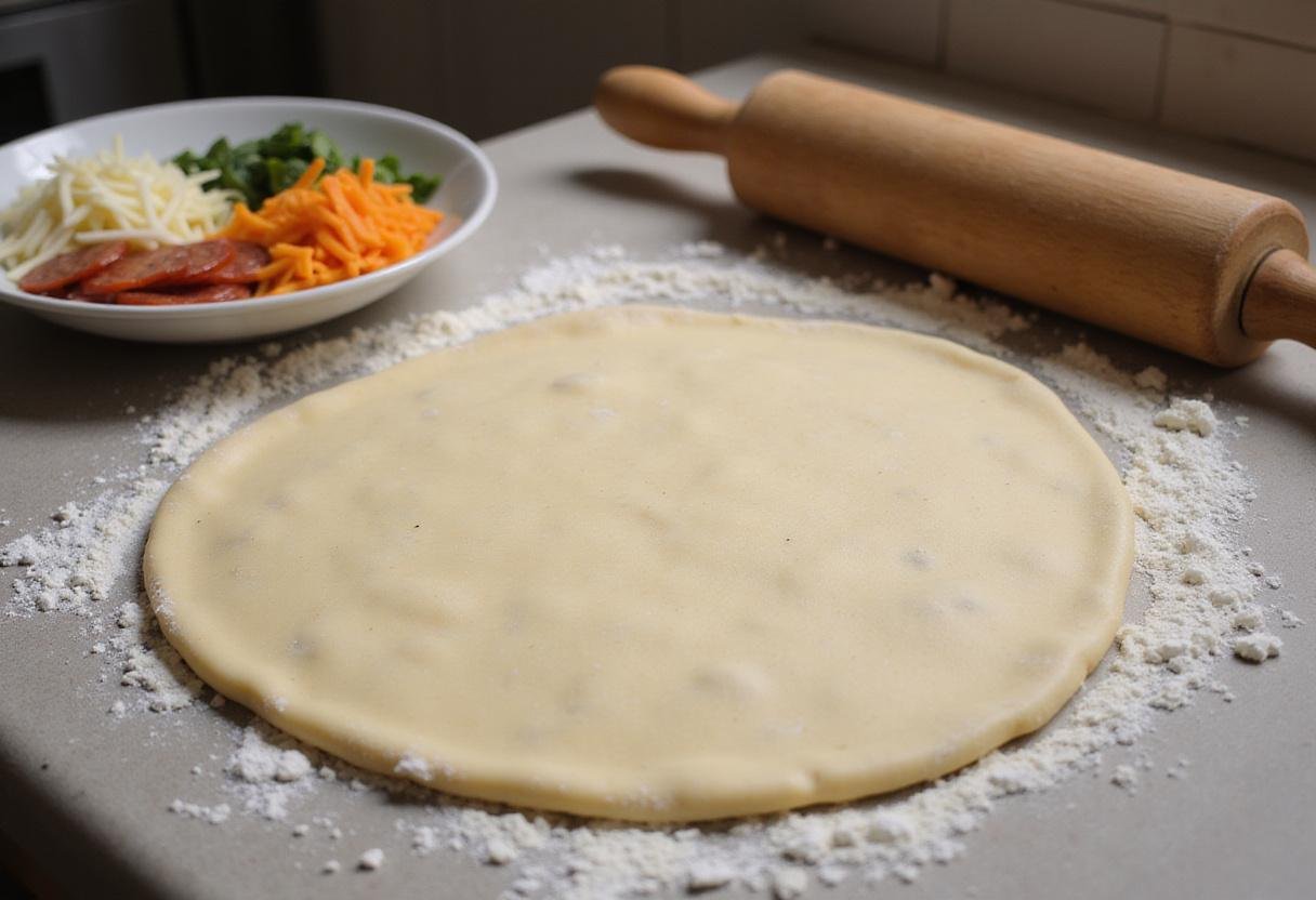 Making pizza turnovers dough preparation with ingredients like cheese and pepperoni, ideal for pizza turnovers crossword clue.
