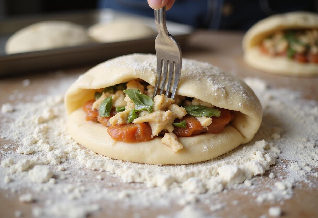 Sealing pizza turnovers dough with filling for delicious pizza turnovers crossword clue.