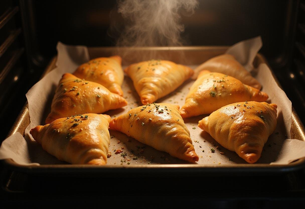 Baked pizza turnovers on tray, golden-brown and ready to serve, fitting for pizza turnovers crossword clue.