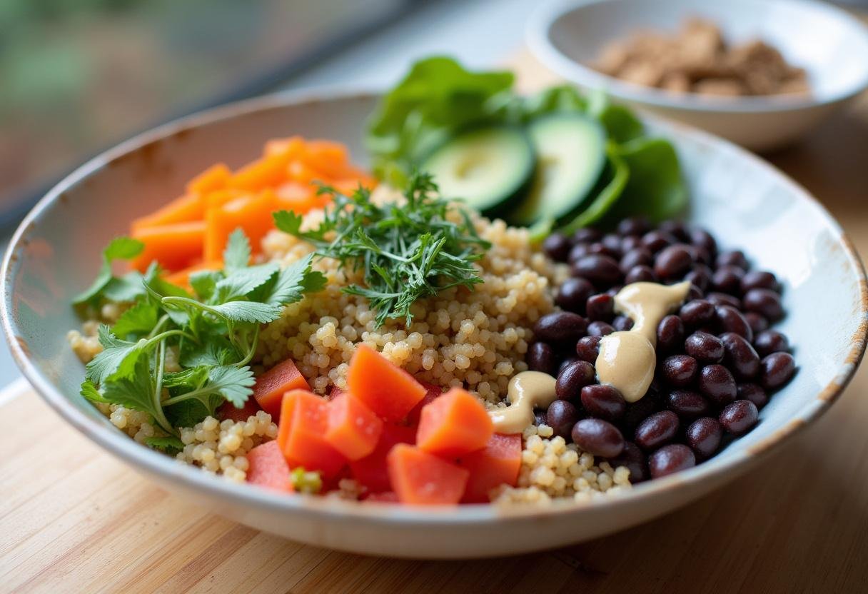 Completed Plant Based Protein Bowl, healthy and delicious meal ready to be enjoyed.