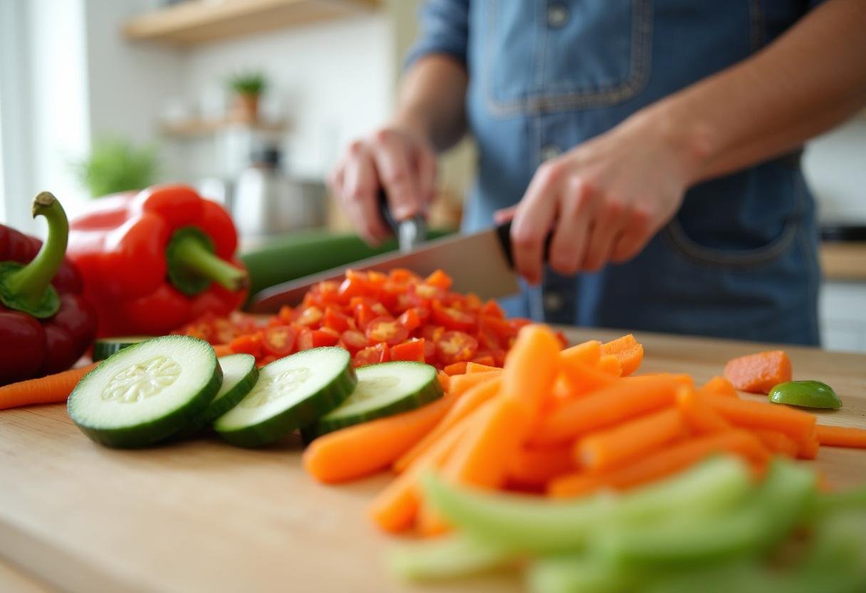 Fresh vegetables chopped for a vibrant Plant Based Protein Bowl.