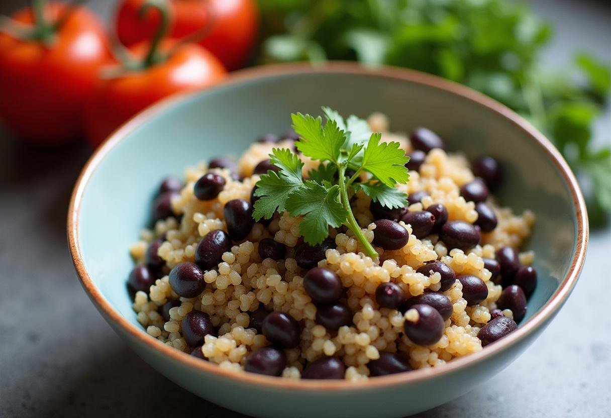 Quinoa and black beans prepared as a base for Plant Based Protein Bowl.