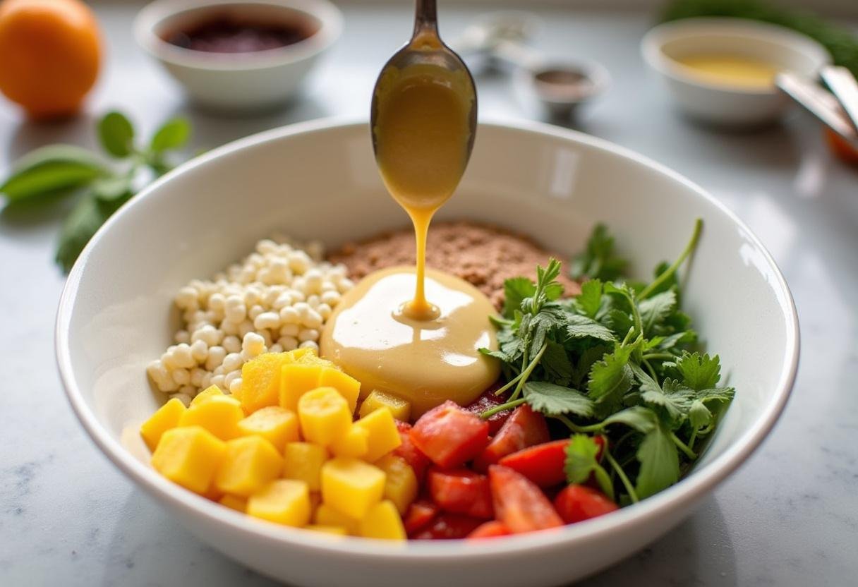 Tahini dressing added to a Plant Based Protein Bowl for extra flavor.